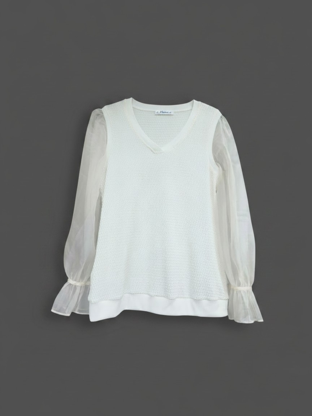 Macaron Ivory V-Neck Textured Knit Top Sheer Bishop Sleeve Blouse 18" P2P